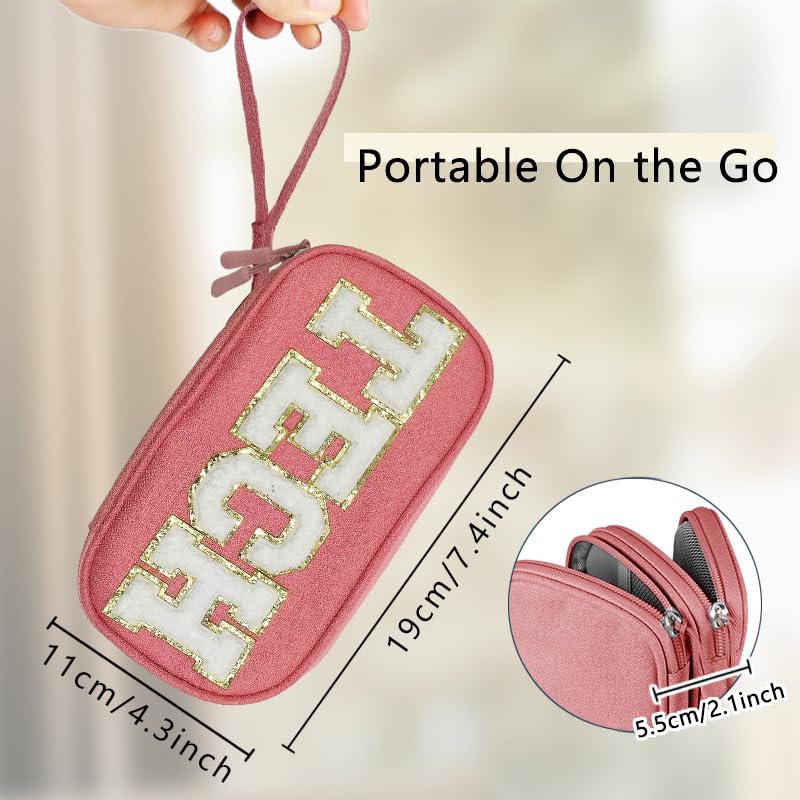 COSHAYSOO Electronic Accessories Organizer Bag Cable Cord Charger Carrying Pouch with Preppy Chenille Letter Patch TECH  Business Travel Gadget Small Storage Case Essential for Women Teen Girl (Pink) - Image 2